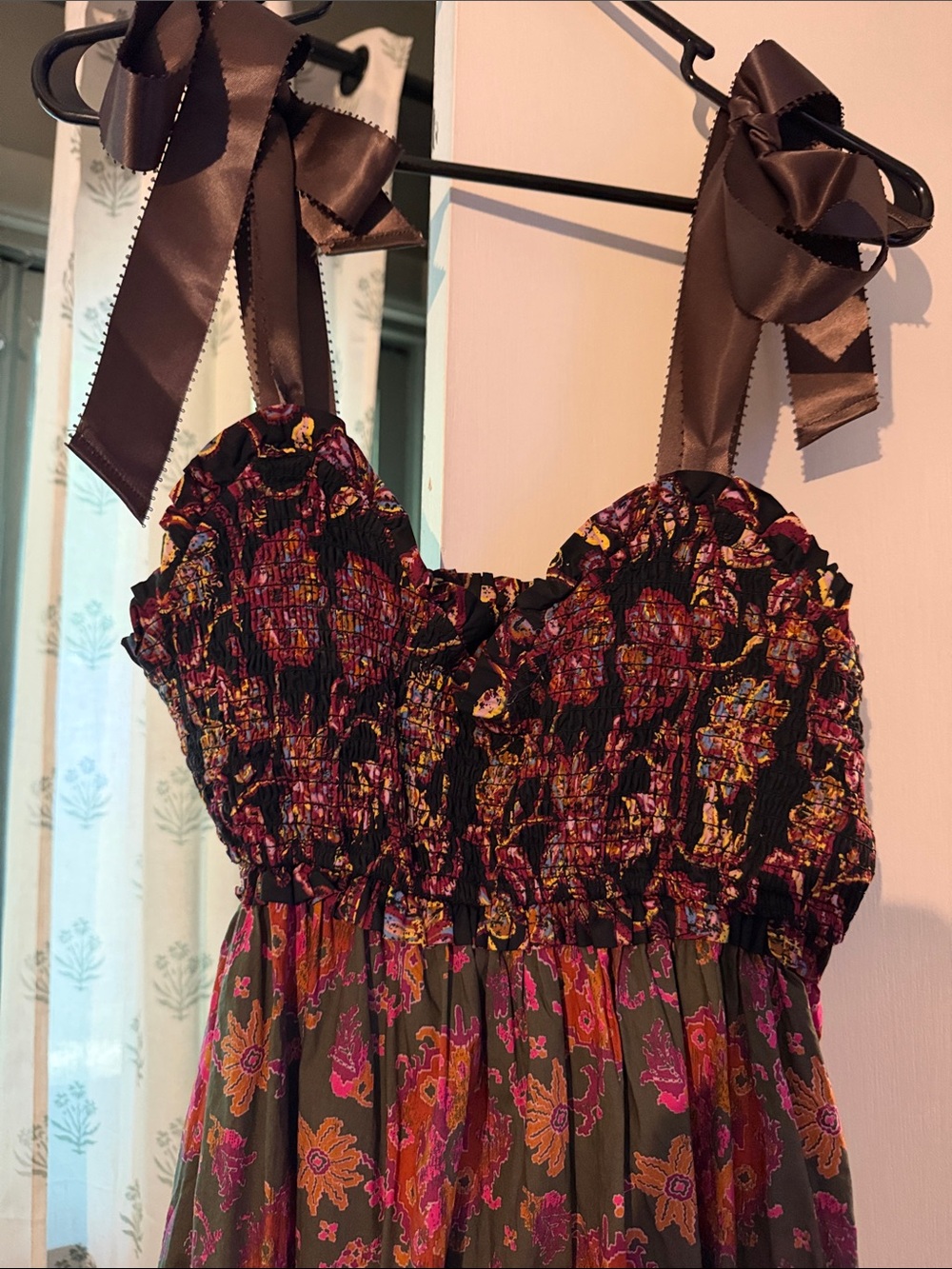 Free People Brown Multi Floral Tiered Maxi Dress with Ribbon Straps - Picture 2 of 2